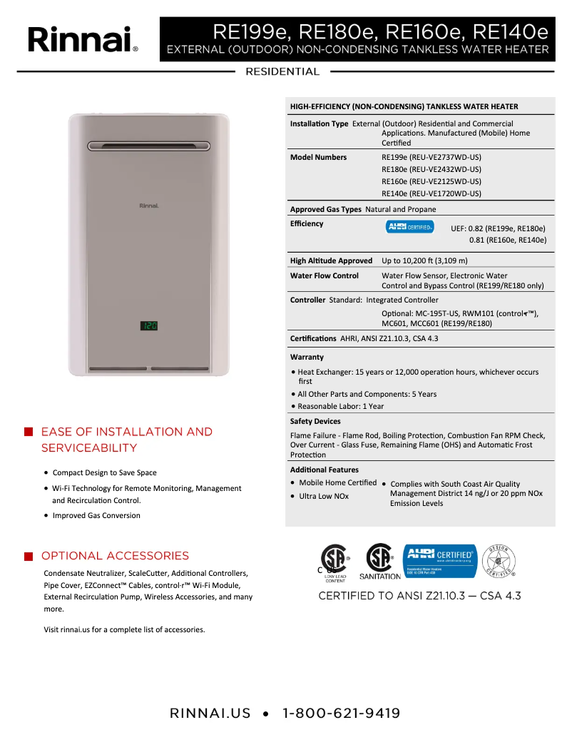 Page 1 of the manual Technical Sheet Rinnai RE140eP