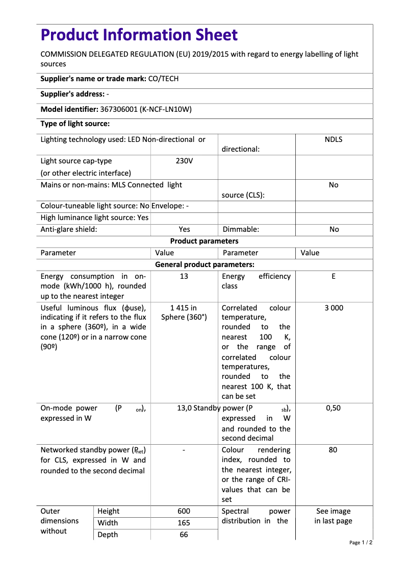 Page 1 de la notice Fiche technique Cotech K-NCF-LN10W