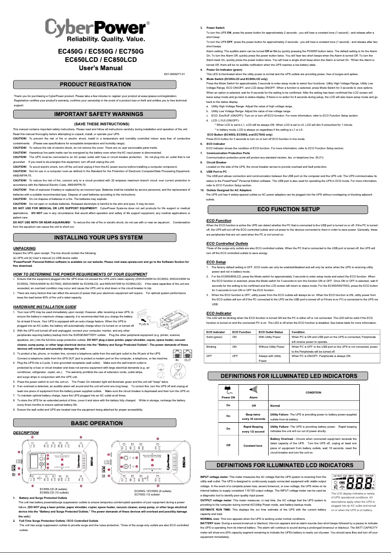 Page 1 de la notice Manuel utilisateur CyberPower Ecologic EC450G