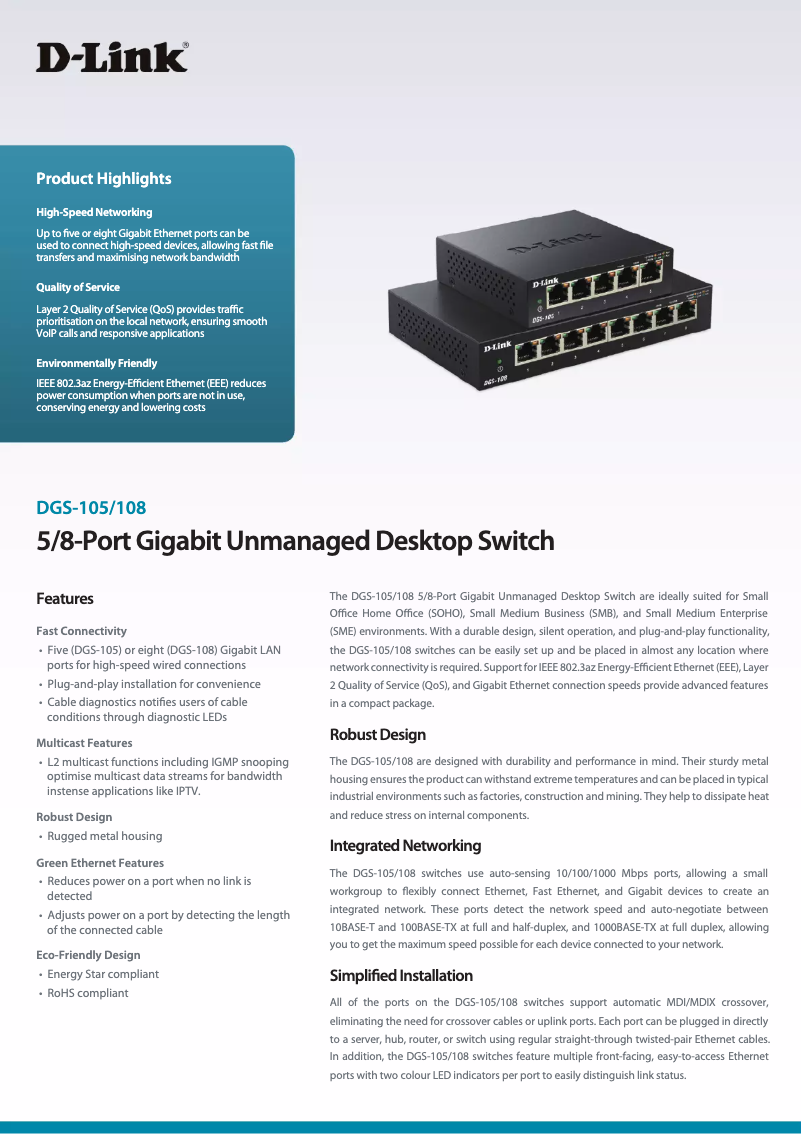 Page 1 de la notice Fiche technique D-Link DGS105