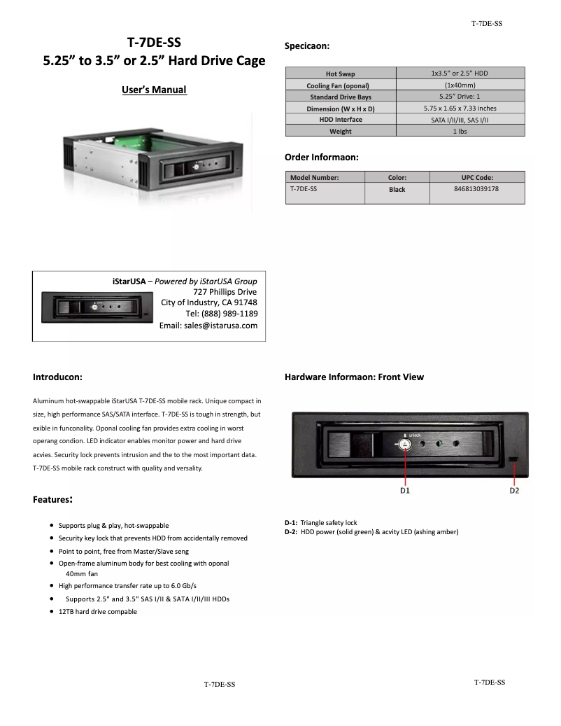 Page 1 de la notice Manuel utilisateur iStarUSA T-7DE-SS