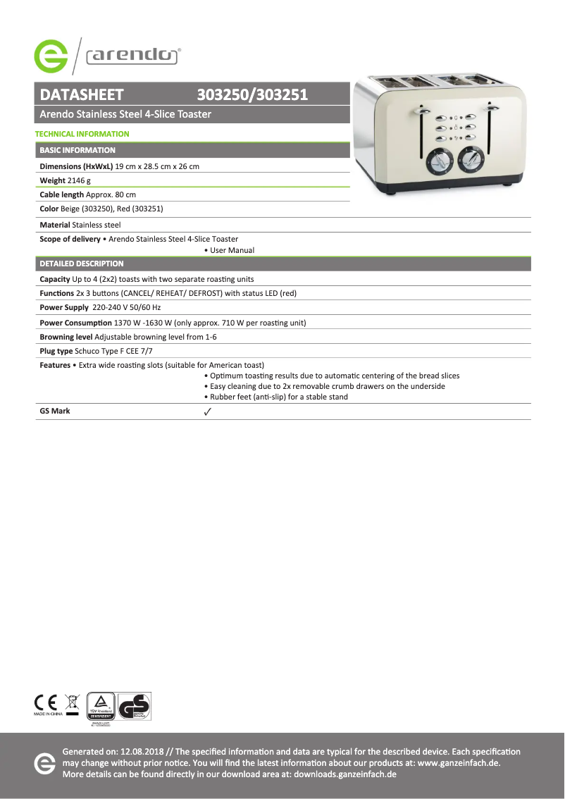 Page 1 de la notice Fiche technique Arendo Breakfast X2 303251
