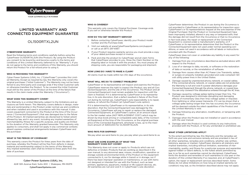 Page 1 de la notice Informations de garantie CyberPower OL1500RTXL2UN