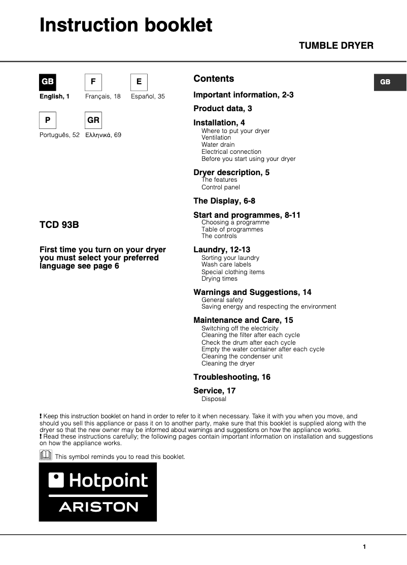 Page 1 of the manual User Manual Hotpoint TCD 93B 6H