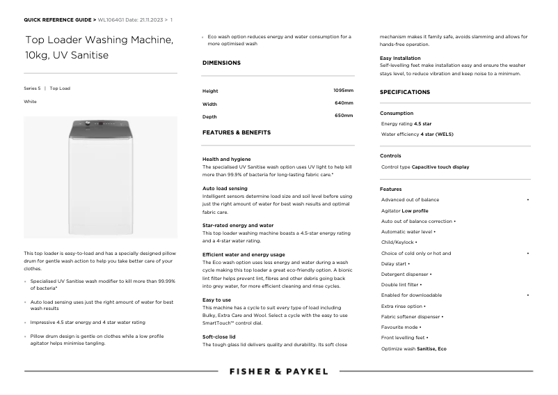 Page 1 of the manual Technical Sheet Fisher & Paykel WL1064G1