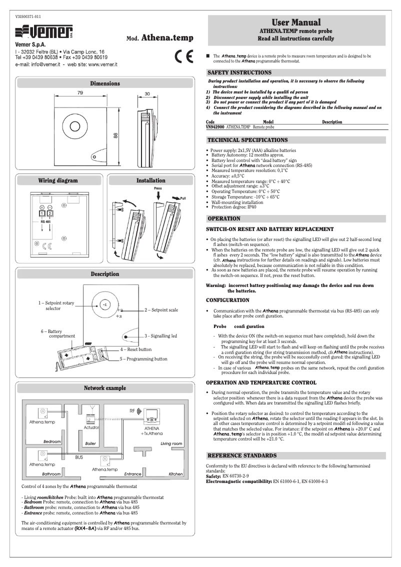 Page 1 de la notice Manuel utilisateur Vemer Athena.Temp