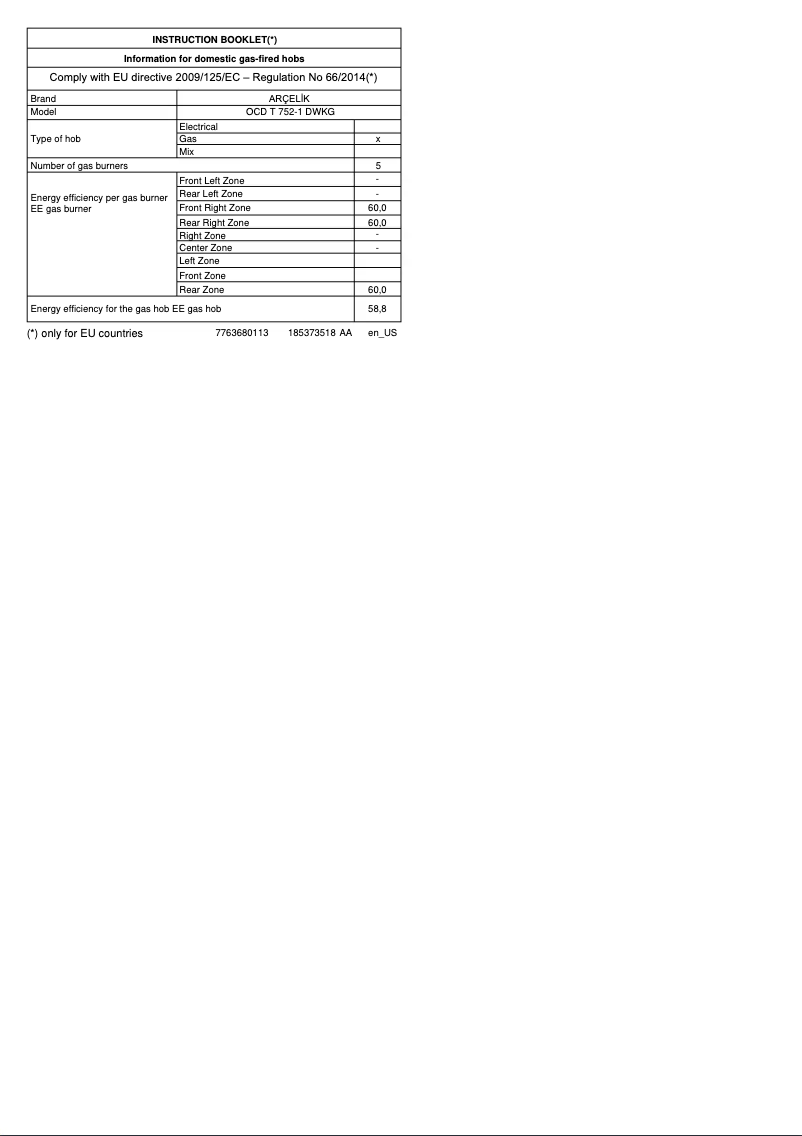 Page 1 de la notice Manuel utilisateur Arçelik OCD T 752-1 DWKG