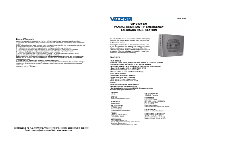 Page 1 de la notice Manuel utilisateur Valcom VIP-9890-EM