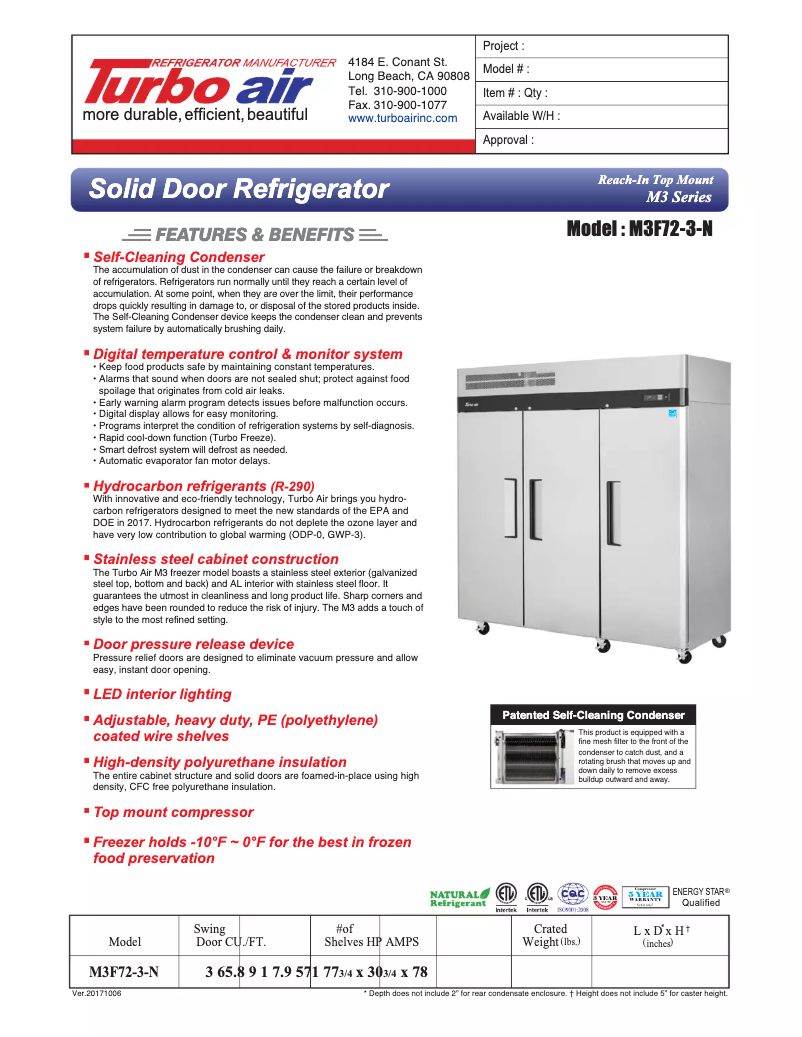 Página 1 del manual Ficha técnica Turbo air M3F72-3