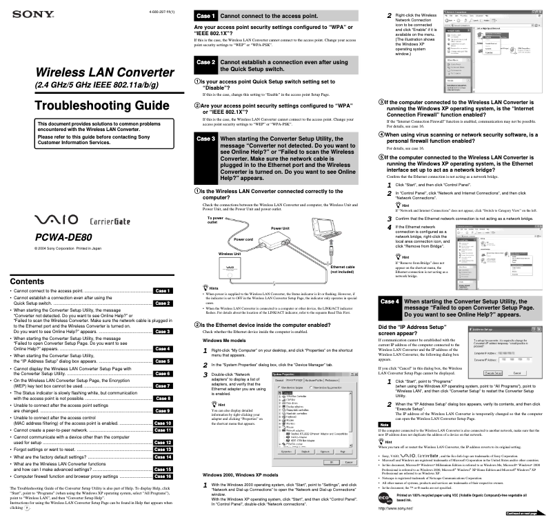 Page 1 de la notice Manuel utilisateur Sony PCWA-DE80
