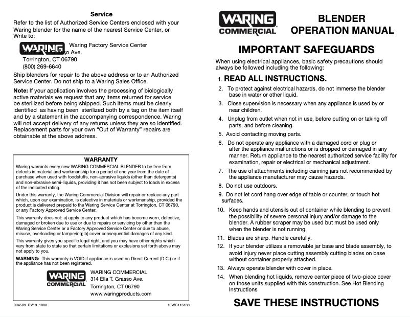 Page 1 de la notice Manuel utilisateur Waring Commercial 7011S