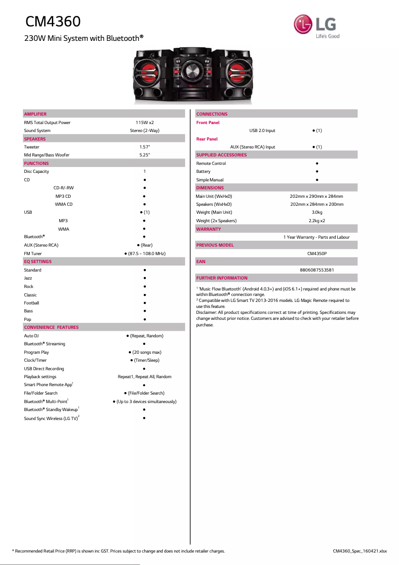 Page 1 de la notice Fiche technique LG CM4360