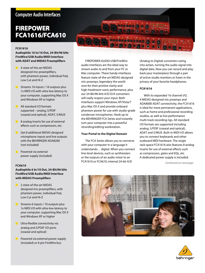 Página 1 del manual Folleto Behringer Firepower FCA610