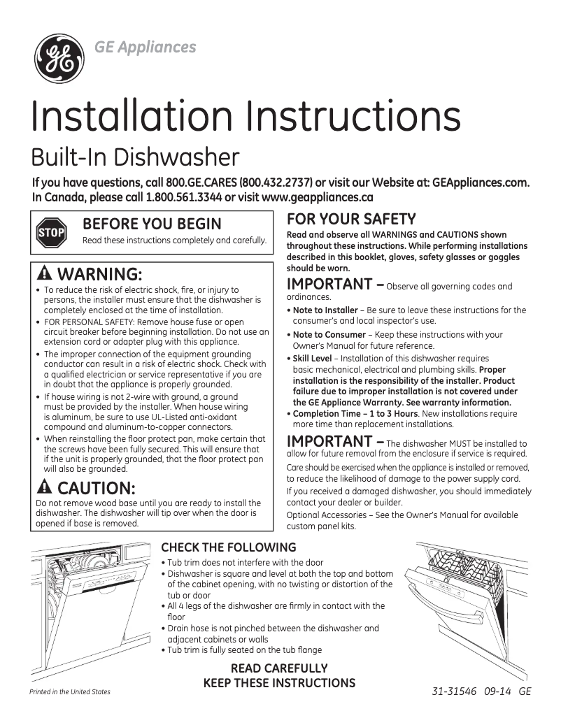 Page 1 de la notice Guide d'installation GE GDT580SSFSS