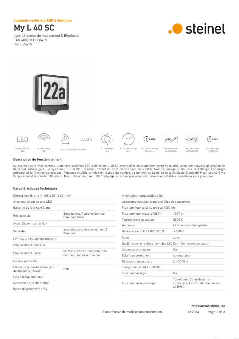 Page 1 de la notice Fiche technique Steinel My L 40 SC