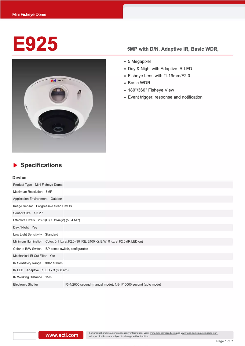 Page 1 de la notice Fiche technique ACTi E925
