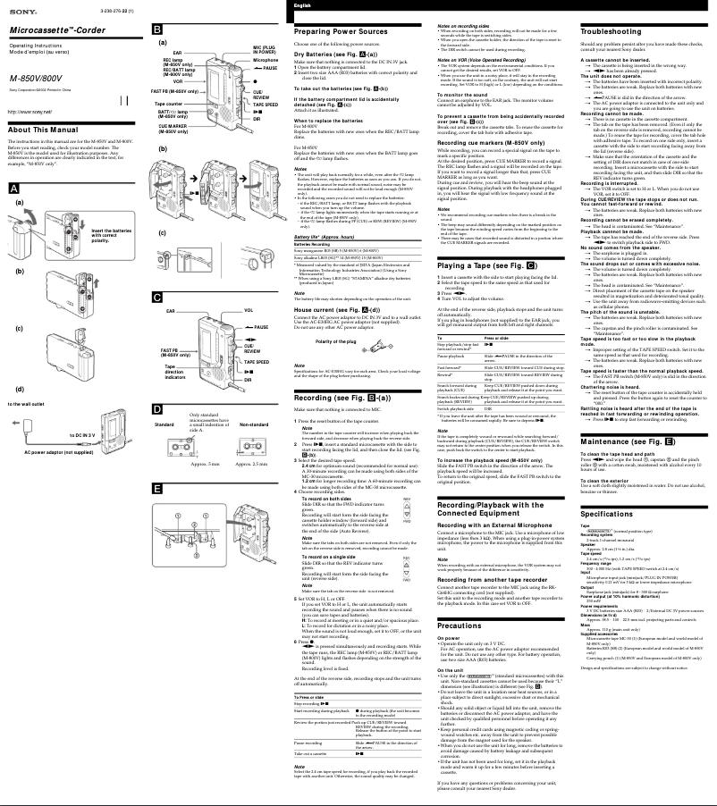 Page 1 de la notice Manuel utilisateur Sony M-850V