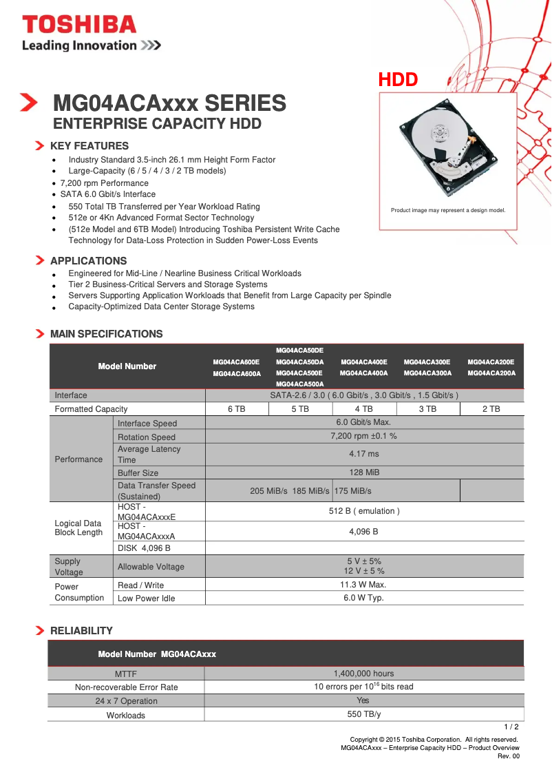 Page 1 de la notice Manuel utilisateur Toshiba MG04ACA200A