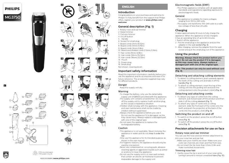 Page 1 de la notice Manuel utilisateur Philips Norelco MG3750
