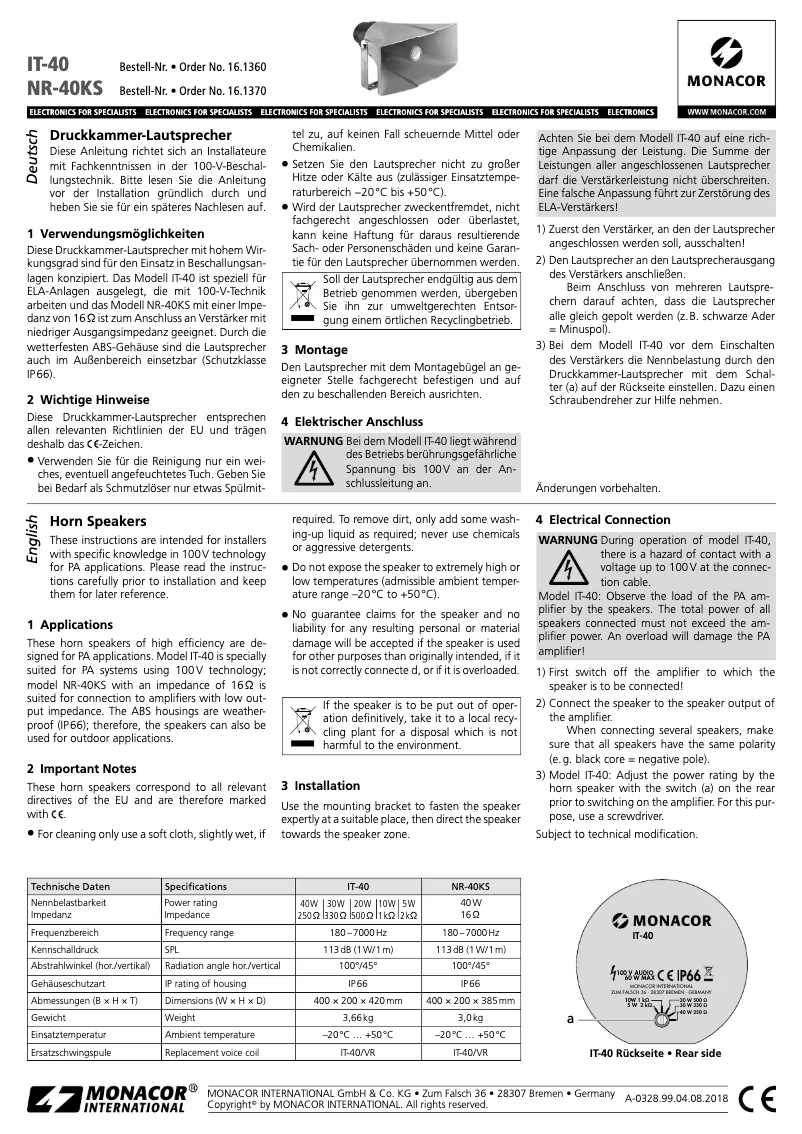 Page 1 de la notice Manuel utilisateur Monacor IT-40