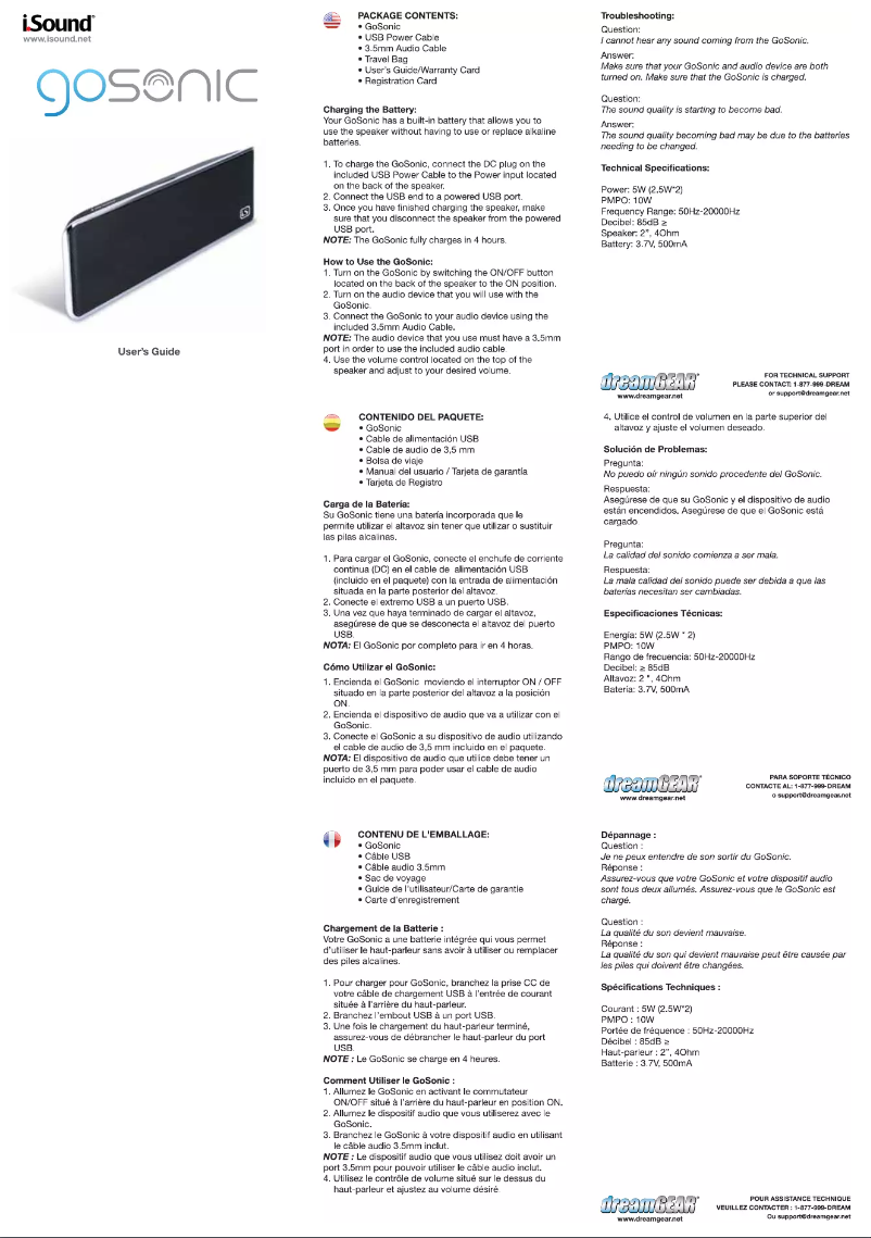 Page 1 de la notice Manuel utilisateur dreamGEAR ISOUND-5209