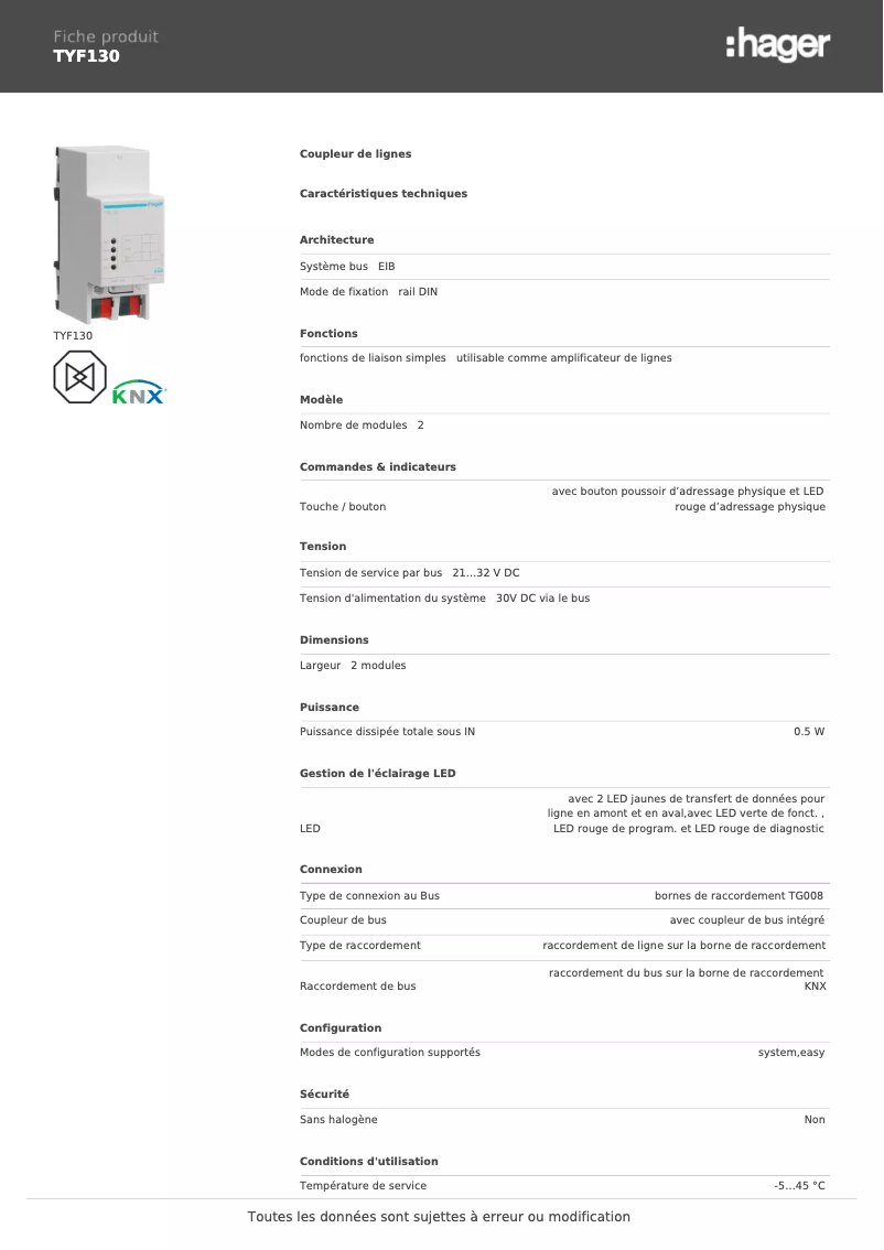 Page 1 de la notice Fiche technique Hager TYF130