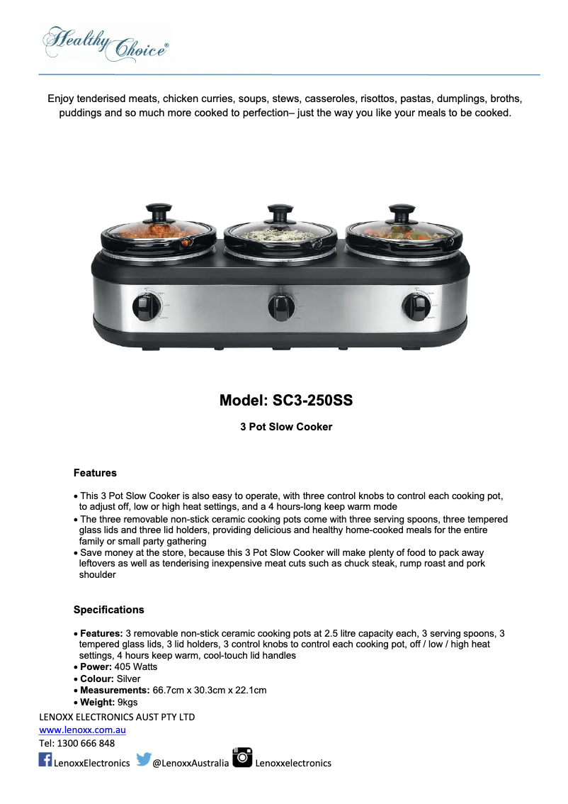 Page 1 de la notice Fiche technique Healthy Choice SC3-250SS