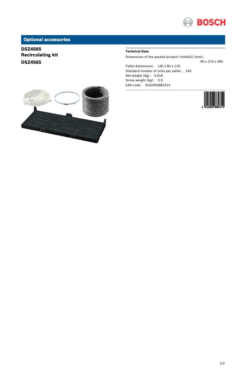 Page 1 of the manual Technical Sheet Bosch DSZ4565