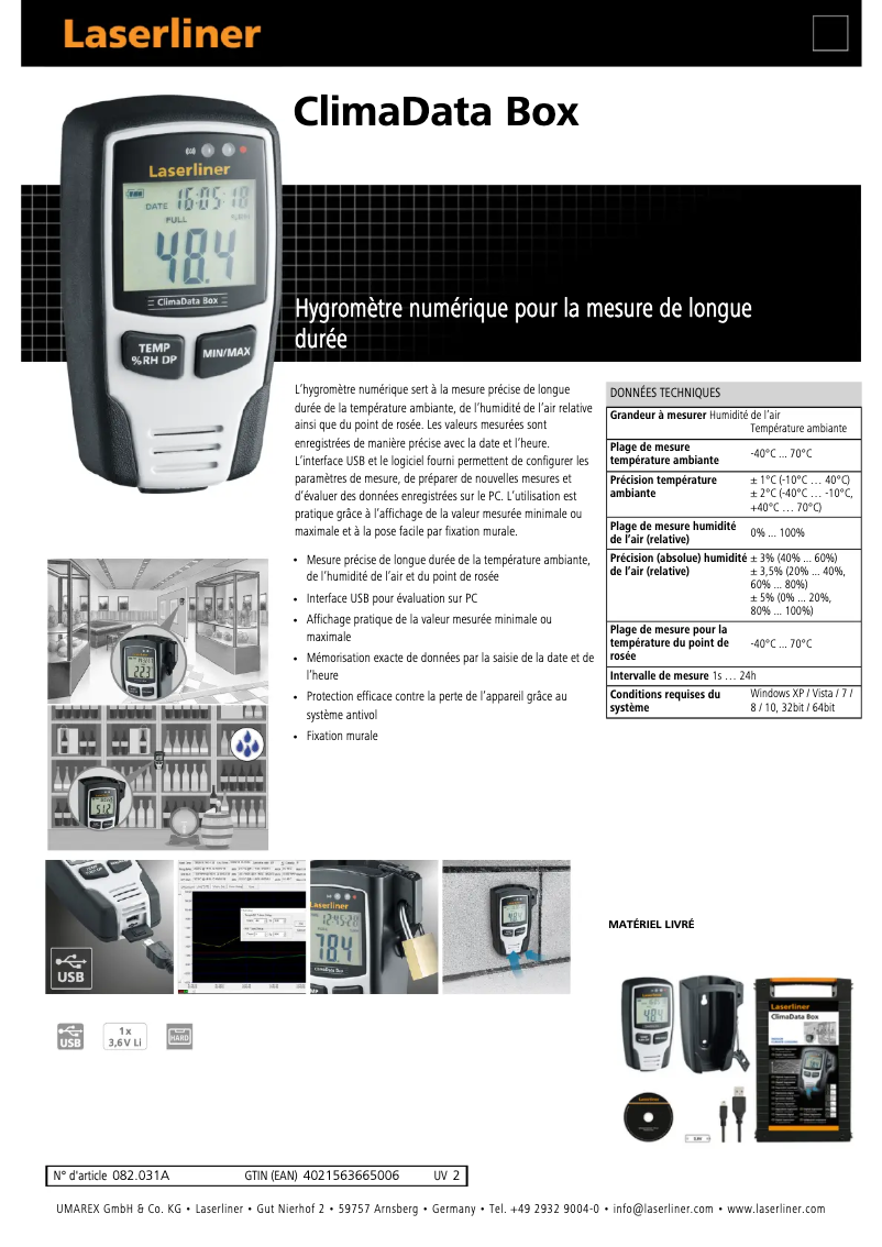 Page 1 de la notice Fiche technique Laserliner ClimaData Box