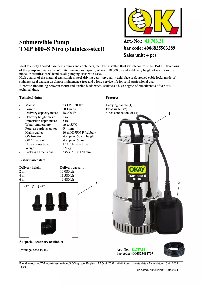 Page 1 de la notice Manuel utilisateur OKAY TMP 550-S Niro