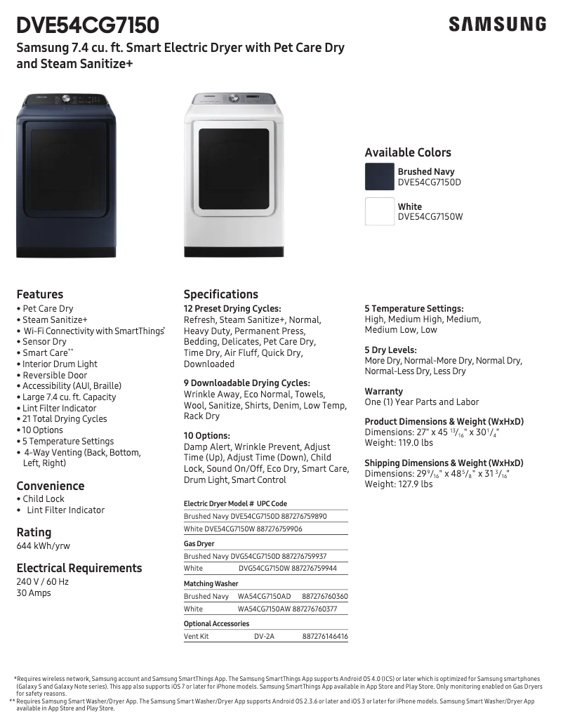 Page n°1 - Fiche technique Samsung DVE54CG7150D