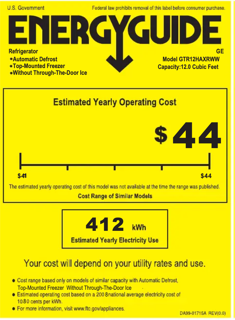 Página 1 del manual Etiqueta energética GE GTR12HAXRWW