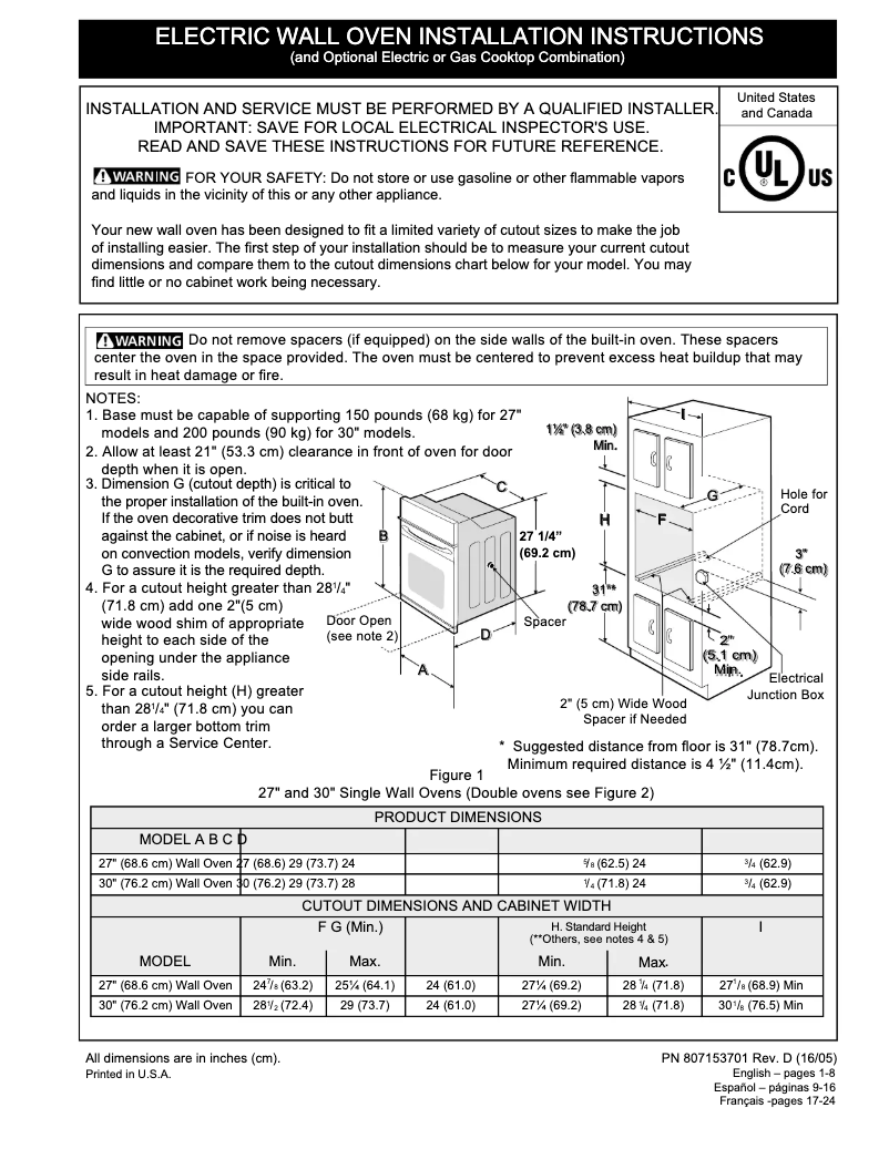 Page 1 de la notice Guide d'installation Frigidaire FFEW2726TS