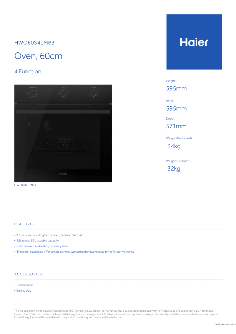 Página 1 del manual Ficha técnica Haier HWO60S4LMB3