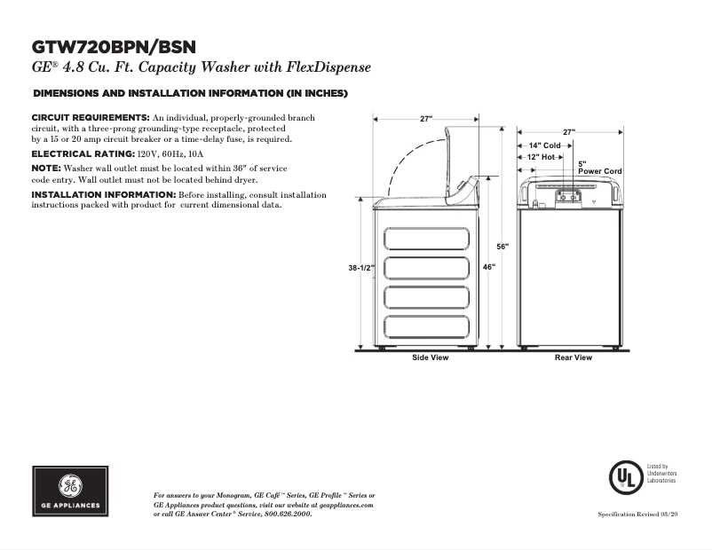 Page 1 of the manual Technical Sheet GE GTW720BPNDG