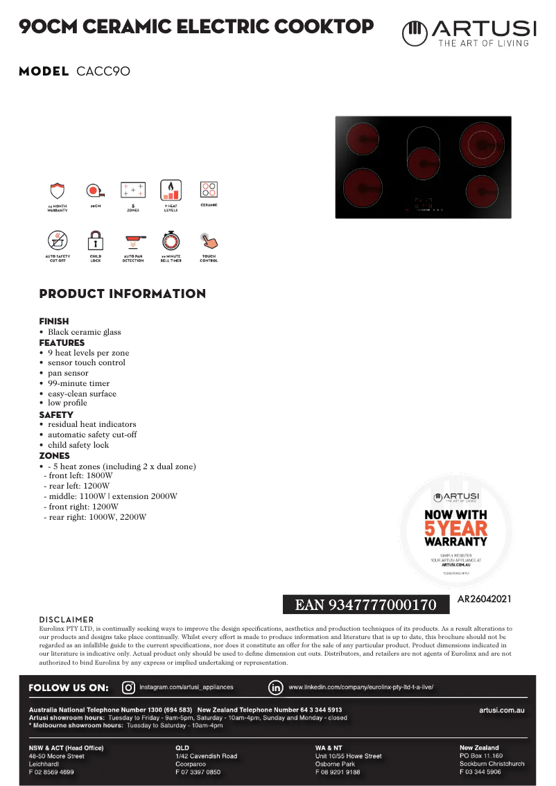 Page 1 of the manual Technical Sheet Artusi CACC90