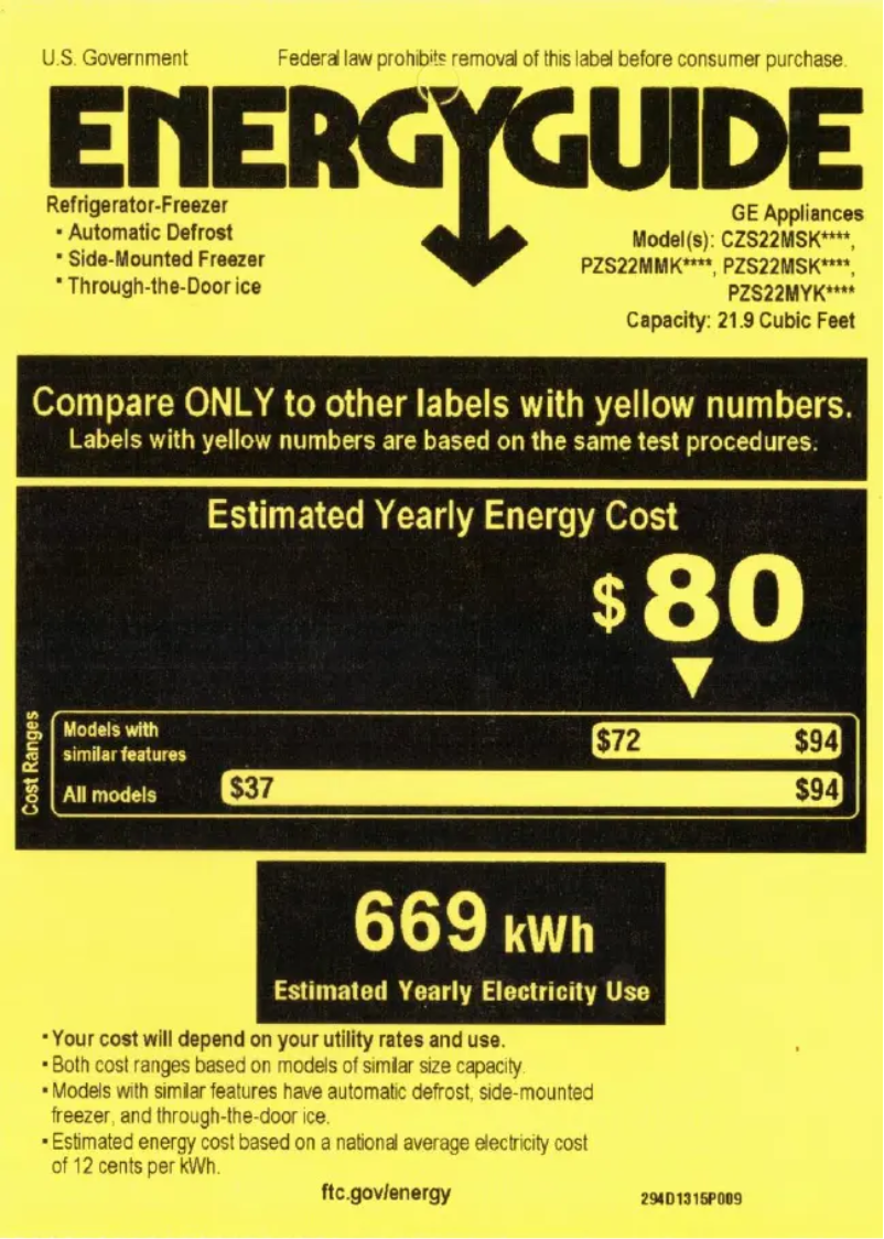 Page n°1 - Label énergétique GE Profile PZS22MYKFS
