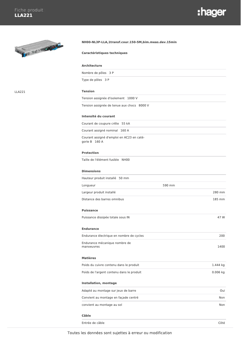 Página 1 del manual Ficha técnica Hager LLA221