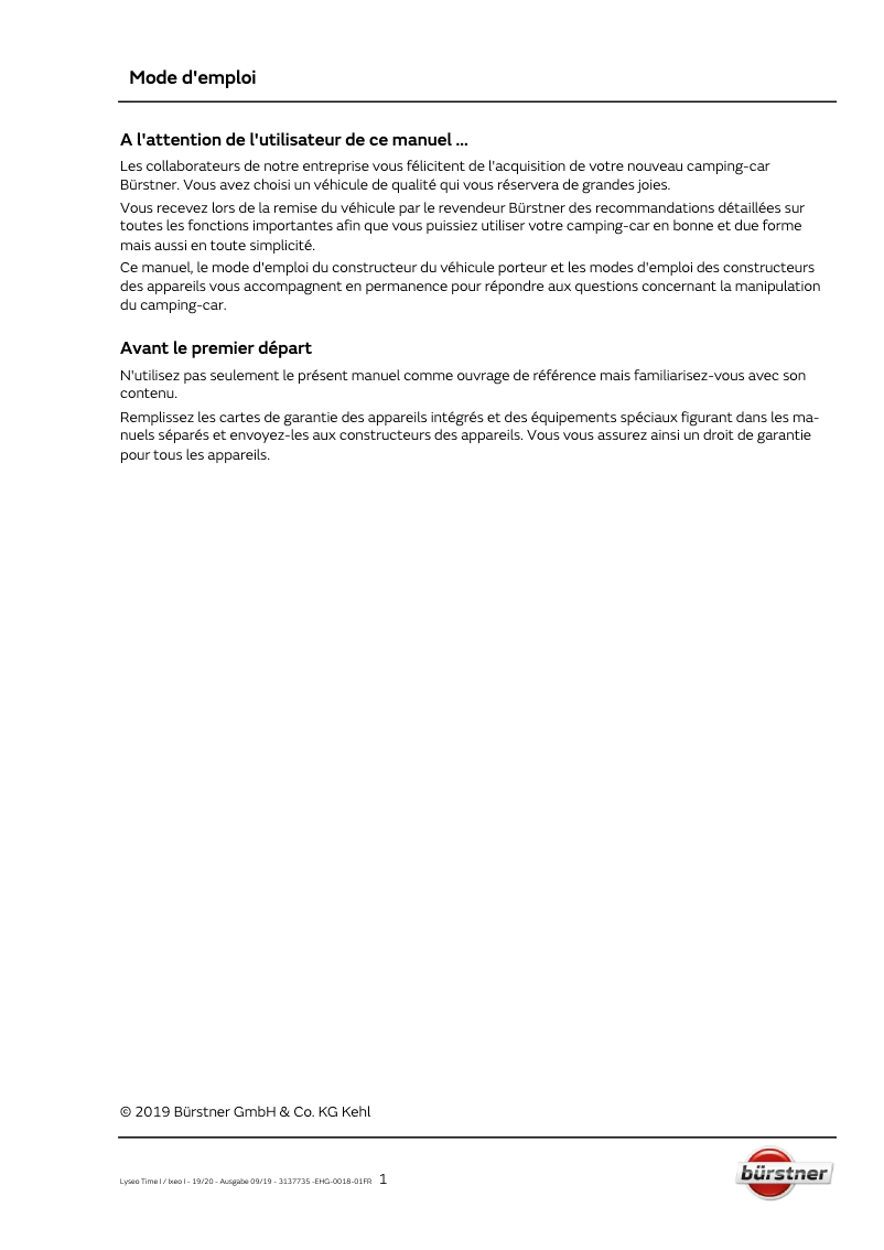 Page 1 de la notice Manuel utilisateur Bürstner Ixeo I (2020)