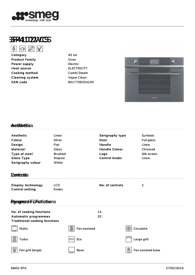 Página 1 del manual Ficha técnica Smeg SF4102VCS