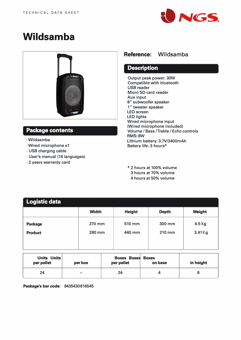 Page 1 de la notice Fiche technique NGS WILD Samba