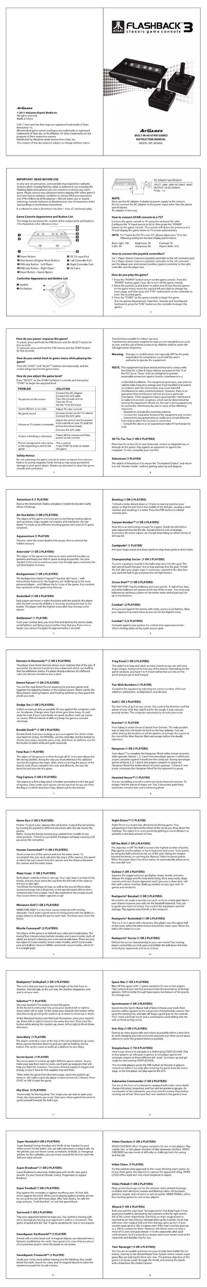 Page 1 de la notice Manuel utilisateur Atari Flashback 3 AR-2660