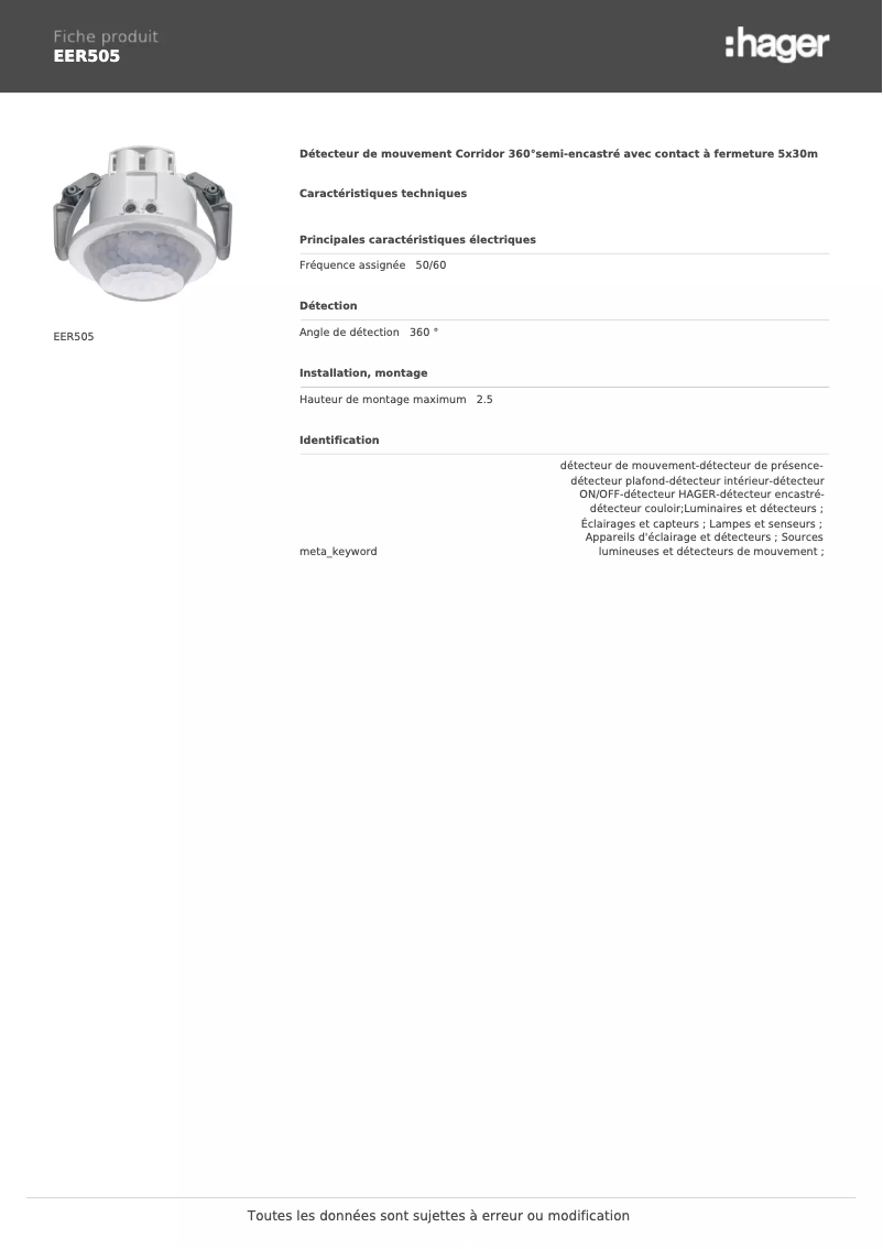 Page 1 de la notice Fiche technique Hager EER505