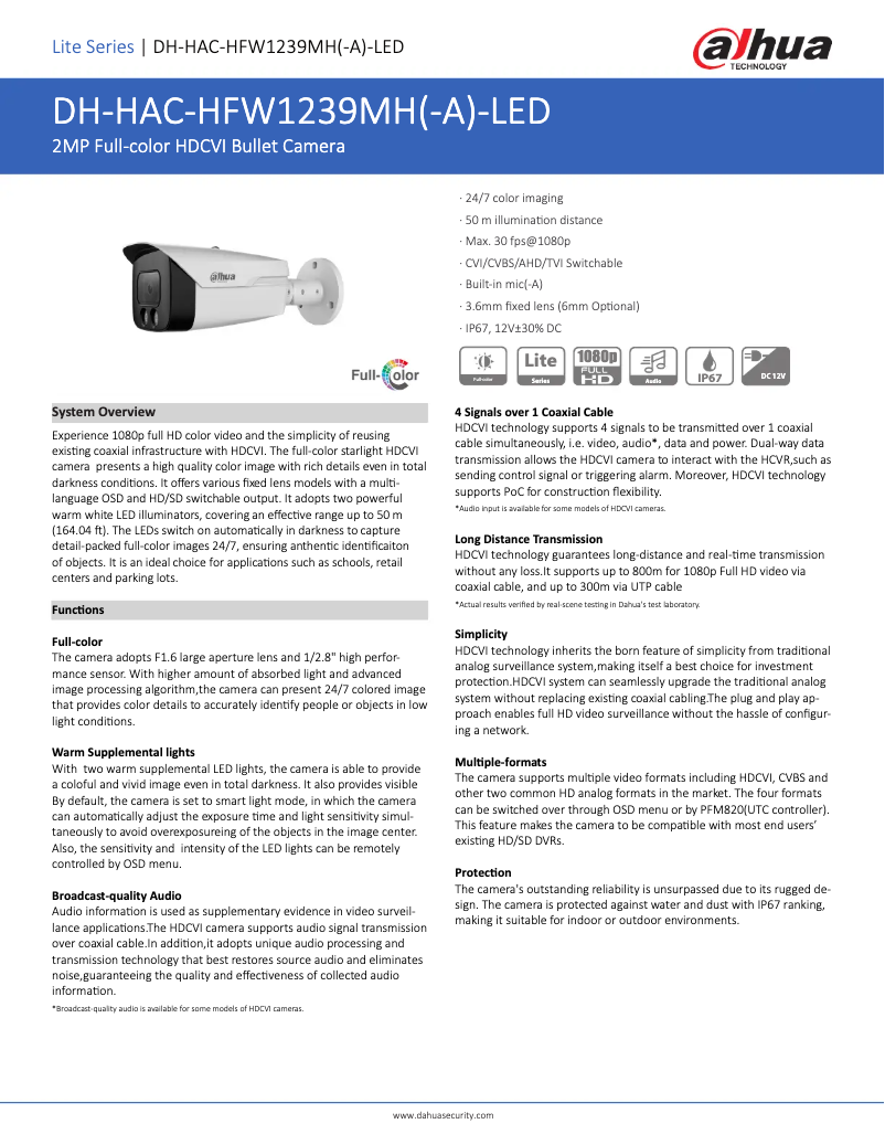 Page 1 de la notice Fiche technique Dahua Technology HAC-HFW1239MH-A-LED