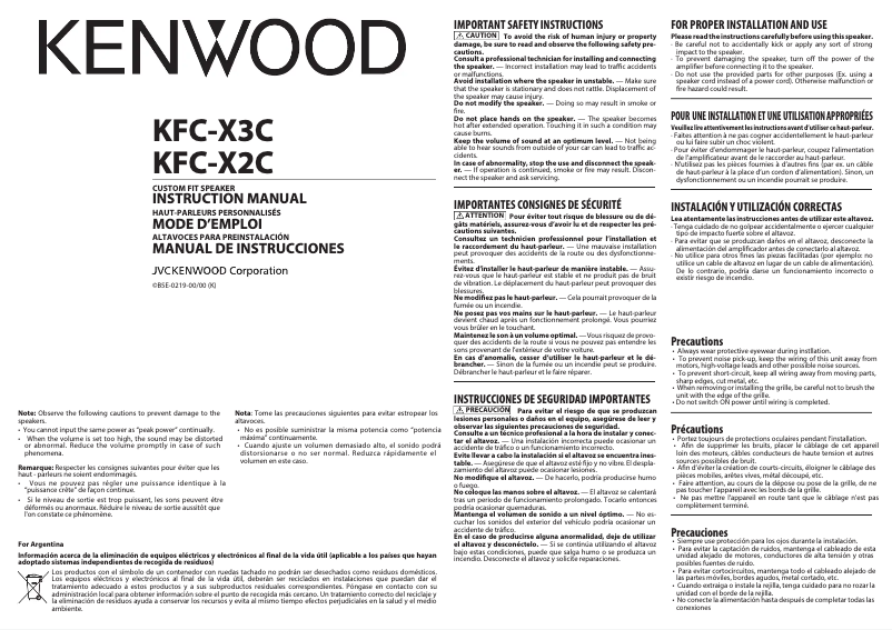 Page 1 de la notice Manuel utilisateur Kenwood Excelon KFC-X2C