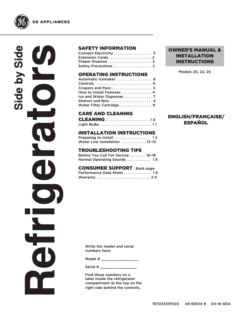 Page 1 de la notice Manuel d'utilisation et d'entretien GE GSS25ETHWW