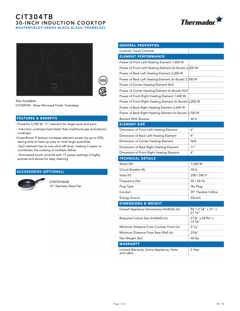 Page 1 de la notice Fiche technique Thermador CIT304TB