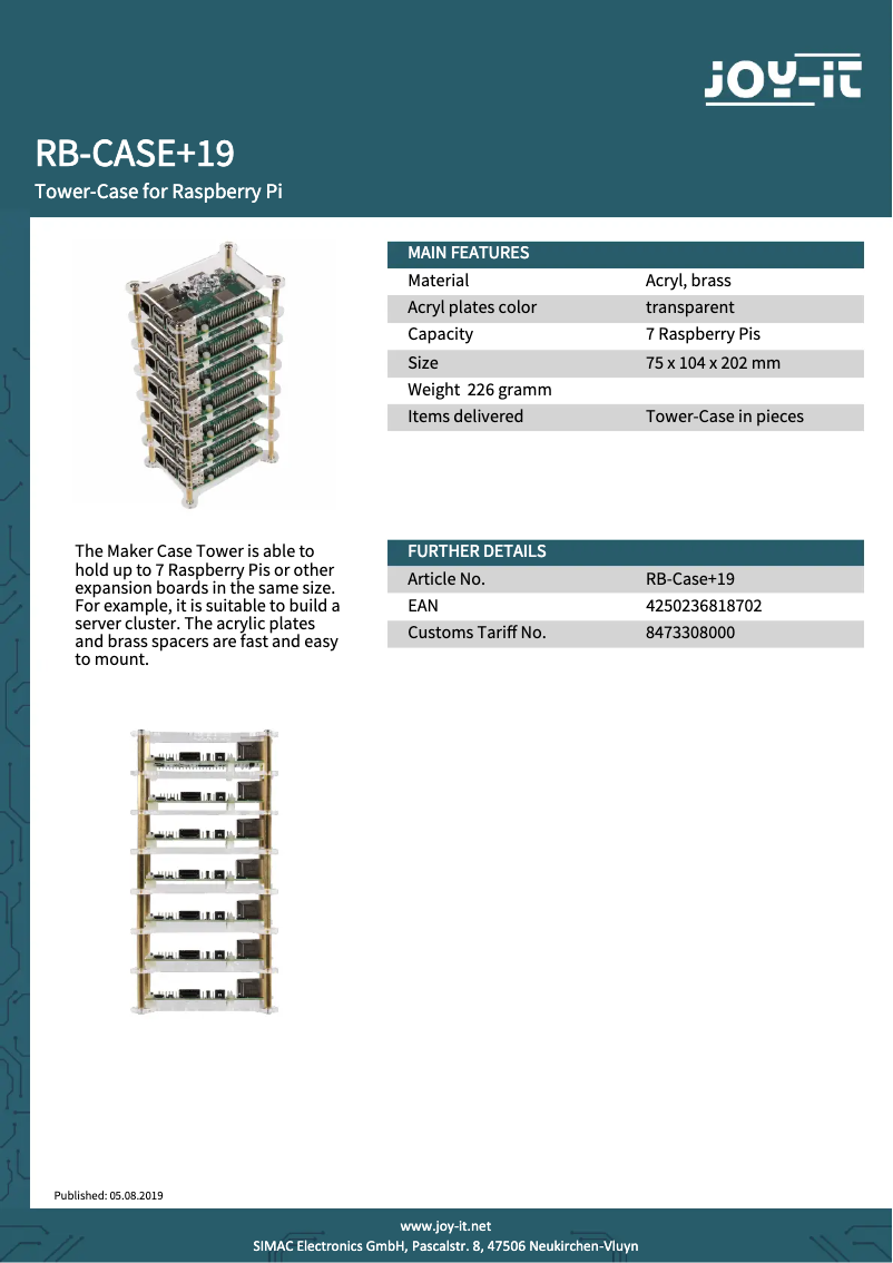 Page 1 de la notice Fiche technique Joy-It RB-Case+19