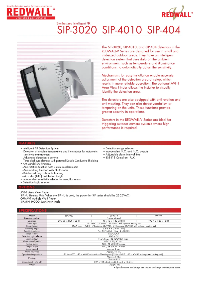 Page 1 de la notice Fiche technique Optex SIP-3020