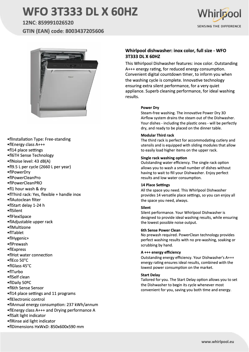 Page 1 de la notice Fiche technique Whirlpool WFO 3T333 DL X